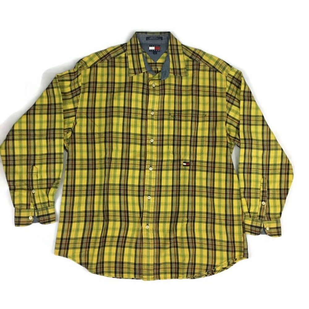 Tommy Hilfiger Men’s Dress Shirt Gold Plaid Large